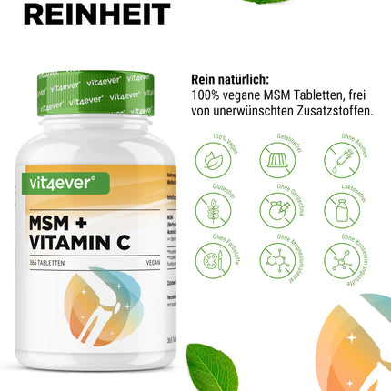 MSM 2000 mg - 365 tabletes - Ar dabīgu C vitamīnu no acerolas - Bez piedevām - 6 mēnešu krājumi - Augsta deva - Laboratorijā pārbaudīts - Vegāns
