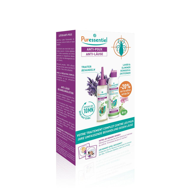 Puressentiel pretutu komplekts losjonam 100 ml ar ķemmi + Poudoux šampūns 200 ml + atmiņas spēle – aktīvā viela 100% dabīgas izcelsmes – rotaļīgi iznīcina utis, kāpurus un gnīdas – iedarbojas 10 minūtēs