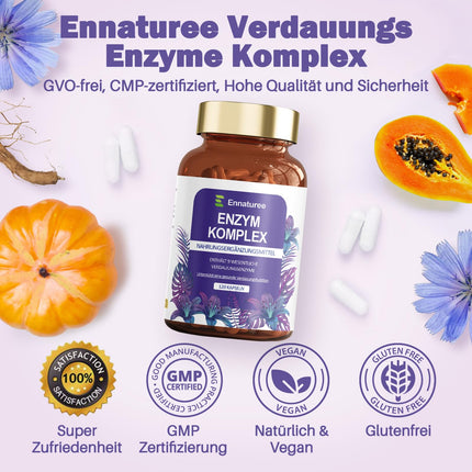 9 gremošanas enzīmi ar bromelaīnu, papaīnu, amilāzi, proteāzi, laktāzi, lipāzi, celulāzi, glikoamilāzi, maltāzi – enzīmu komplekss ar inulīnu gremošanai un imūnsistēmai, 120 vegāniskas kapsulas