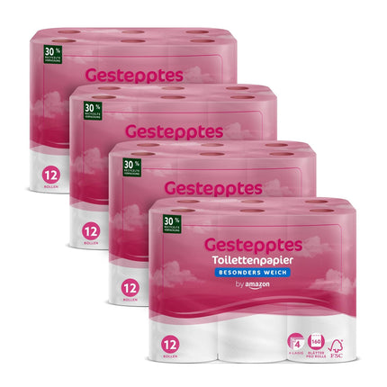 Amazon tualetes papīrs, 4 slāņu stepēts, īpaši mīksts, 48 ​​ruļļi (12 ruļļi, 4 iepakojumā), 160 loksnes rullī, FSC sertificēts