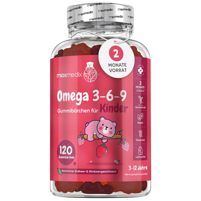 Omega 3 6 9 želejkonfektes bērniem - 400 mg perillas eļļas nodrošina Omega 3, Omega 6 un Omega 9 vienā porcijā - 120 vegānas želejkonfektes - 2 mēnešu krājumi - taukskābes ar zemeņu un aveņu garšu - maxmedix
