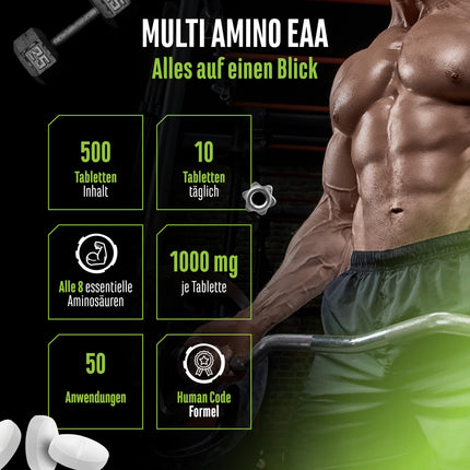 Multi Amino-EAA Pattern Code - 500 tabletes pa 1000 mg katra - Cilvēka koda formula - Visas 8 neaizvietojamās aminoskābes - No augu fermentācijas - Augsta deva - Vegāns