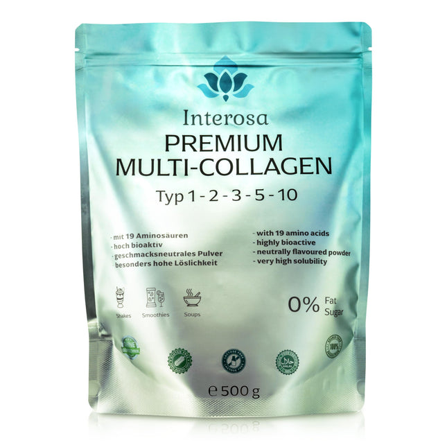 INTEROSA kolagēna pulveris 500 g - Multi kolagēna komplekss 5 veidi: 1, 2, 3, 5, 10 - augstas kvalitātes olu čaumalas membrānas peptīdi - bezgaršīgi