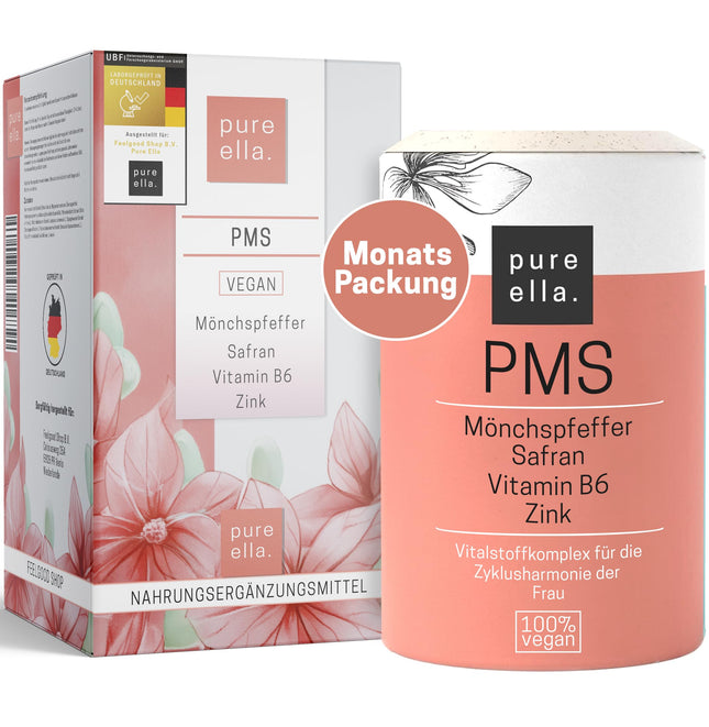 Pure Ella Vital uzturvielu komplekss sievietēm - satur vijoles ogas, aveņu mēli, safrānu, C vitamīnu, B6 vitamīnu un cinku - periodam pirms menstruācijām - dabīgs, bez hormoniem, vegāns - 60 kapsulas