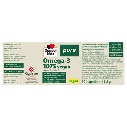 Doppelherz tīra Omega-3 1075 vegāns - Aļģu eļļa + linsēklu eļļa - Alfa-linolēnskābe veicina normāla holesterīna līmeņa uzturēšanu - 80 kapsulas