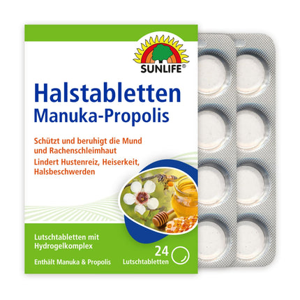 SUNLIFE Manuka-Propolisa kakla pastilas 1 x 24 gab. - Medus un propolisa tabletes - Rīkles pastilas pret klepu - Kakla sāpju pastilas - Pastilas ar Manuka un propolisu