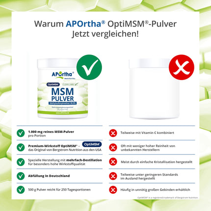 APOrtha® OptiMSM® MSM pulveris, 500 g vegāns pulveris, 99,9% tīrs metilsulfonilmetāns bez jebkādām piedevām, 1000 mg OptiMSM® MSM vienā porcijā, vegāns, bez glutēna, bez laktozes, bez alergēniem