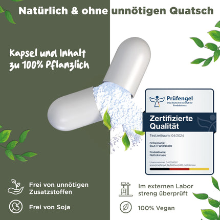 Nattokināze 2000 FU — GADA PIEGĀDE — 365 nattokināzes kapsulas, katra pa 100 mg (20 000 FU/g) — Ražots Vācijā — Augstas devas nattokināze — Natto no sojas — 100% vegāns — Laboratorijā pārbaudīts — BLATTWERK