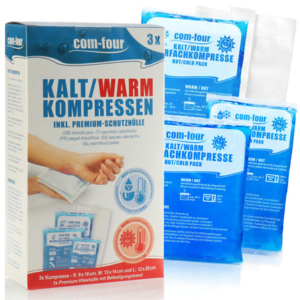 com-four® 3X kompreses 3 dažādos izmēros ar flīsa pārvalku, siltas un aukstas kompreses - izdevīgs dzesēšanas spilventiņu komplekts, dzesēšanas paketes - piemērotas mikroviļņu krāsnij - ražotas Vācijā (3 gab.)