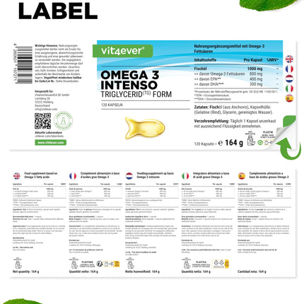 Augstākās kvalitātes Omega 3 ar 80% taukskābēm - 120 kapsulas - 1000 mg zivju eļļas vienā kapsulā ar EPA un DHA - Triglicerīdu veidā - Rūpīgi attīrīts no ilgtspējīgas zvejas