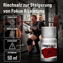 Strength Shop smaržojošie sāļi, kas izgatavoti no īpaši stipra amonjaka, 1 x 50 ml, smaržojošs sāls ārkārtējai koncentrēšanās spējai un modrībai, ideāli piemēroti kā amonjaka smaržojoša ampula sporta zālei, spēka treniņiem, pauerliftingam u.c.