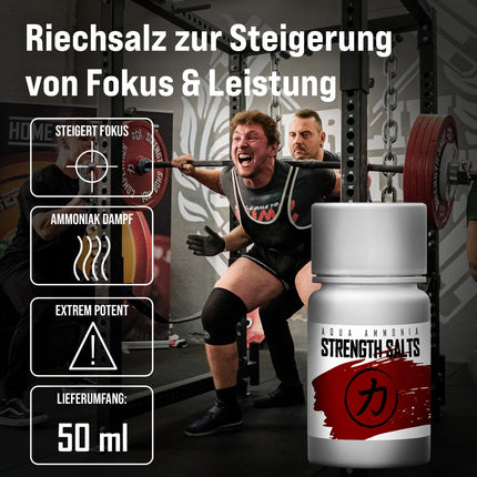 Strength Shop smaržojošie sāļi, kas izgatavoti no īpaši stipra amonjaka, 1 x 50 ml, smaržojošs sāls ārkārtējai koncentrēšanās spējai un modrībai, ideāli piemēroti kā amonjaka smaržojoša ampula sporta zālei, spēka treniņiem, pauerliftingam u.c.