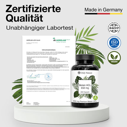 Betaīna hidrohlorīds 650 mg - 240 kapsulas - tabletes pret grēmām - augsta deva - ražots Vācijā un laboratorijā pārbaudīts - vegāns - betaīna hidrohlorīds