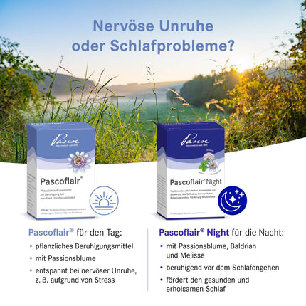Pascoflair: 90 tabletes - augu izcelsmes nomierinošs līdzeklis - nervu nemiera, piemēram, stresa izraisīta, gadījumā - 425 mg koncentrēta ekstrakta vienā tabletē atbilst 4250-6375 mg pasifloras (dienas deva)