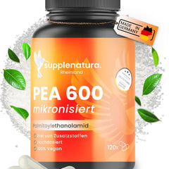 PEA kapsulas | MIKRONIZĒTS: 600 mg palmitoiletiololamīda vienā kapsulā | 120 kapsulas | 100% tīri zirņi, laboratoriski pārbaudīti | Ražots Vācijā — SUPPLENATURA®