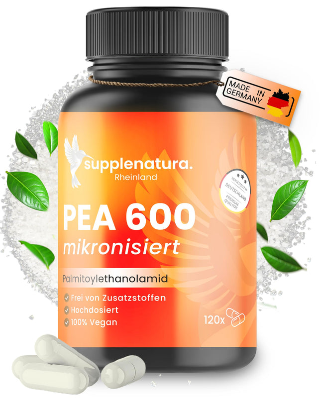 PEA kapsulas | MIKRONIZĒTS: 600 mg palmitoiletiololamīda vienā kapsulā | 120 kapsulas | 100% tīri zirņi, laboratoriski pārbaudīti | Ražots Vācijā — SUPPLENATURA®