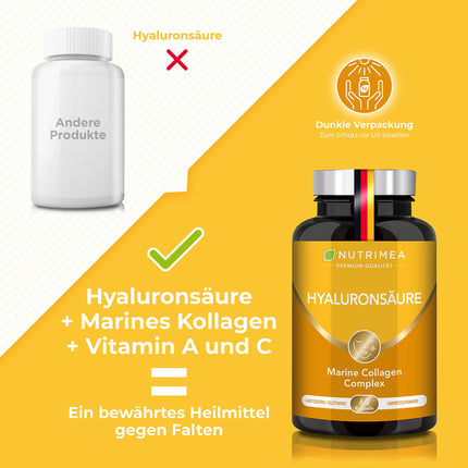 Hialuronskābes kolagēna komplekss | Augstākās kvalitātes hialuronskābe, bagātināta ar C vitamīnu un A vitamīnu | 60 kapsulas ar augstu devu | Gludai ādai, novecošanās novēršanai un locītavām