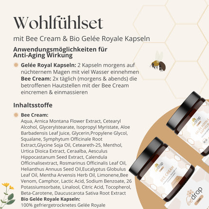 labsajūtas komplekts bedrop | Bišu krēms (bišu indes ziede) 100g + peru pieniņa kapsulas 60 kapsulas, bagātas ar biotīnu, folskābi un citām vielām