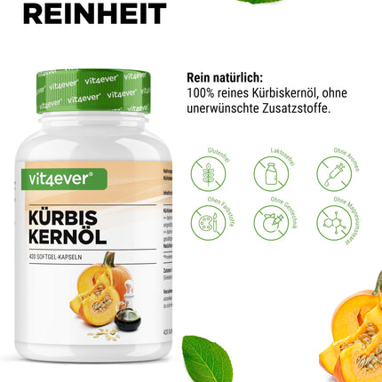 Ķirbju sēklu eļļa - 420 kapsulas - 3000 mg dienā - Ar dabīgo E vitamīnu - Augsta deva - Dabīga un auksti spiesta - Laboratorijā pārbaudīta