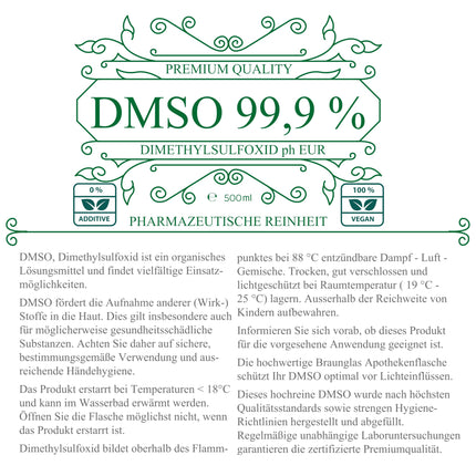 DMSO 500 ml 99,9% farmaceitiskā kvalitāte un tīrība - DMSO dimetilsulfoksīds pH. EUR neatšķaidīts gaismas aizsargātā brūnā stikla aptiekas pudelē - DMSO 99,9% 500 ml