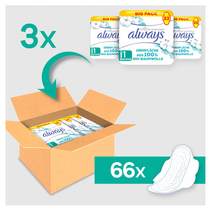Always Ultra higiēniskās paketes sievietēm, 1. izmērs, kokvilnas aizsardzība, normāla, 66 higiēniskās paketes ar spārniņiem (3 x 22 paketes), mēneša iepakojums, īpaši plānas un ļoti absorbējošas