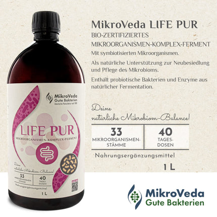 MikroVeda Life PUR 1l, bioloģiskais fermentu dzēriens, 33 baktēriju celmi, superaktivēts, ļoti pieejams šūnām, bioloģiski pieejams, vegāns, neapstrādāts, sertificēts ražotājs