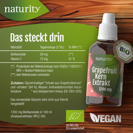 Bioloģisks greipfrūtu sēklu ekstrakts, 1200 mg bioflavonoīdu/100 ml, sertificēta bioloģiska kvalitāte, vegāns un ražots Vācijā, viegli un tīri lietojams