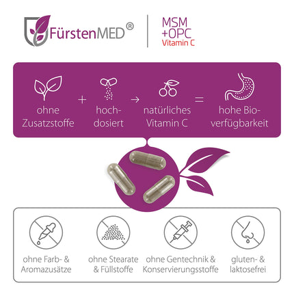 FürstenMED® MSM + OPC kapsulas. Augsta deva ar 1710 mg MSM pulvera + 180 mg OPC un C vitamīnu (no acerolas) vienā dienas devā - 120 kapsulas, vegānas, laboratoriski pārbaudītas un bez piedevām.