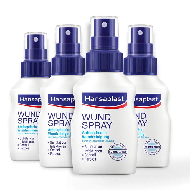 Hansaplast brūču aerosola komplekts (4 gab.) (50 ml) antiseptiskai brūču tīrīšanai ar mehānisku skalošanu, aerosols aizsargā pret brūču infekcijām, bezkrāsains un īpaši ādai draudzīgs