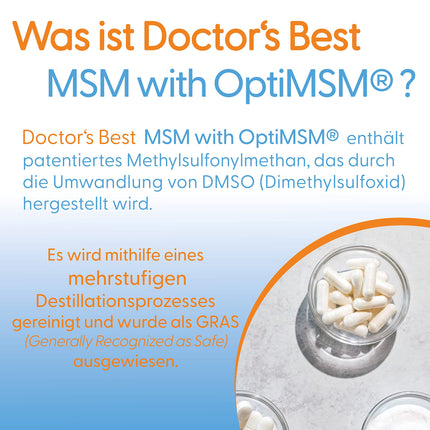 Doctor's Best, MSM ar OptiMSM, 180 kapsulas, 3000 mg MSM vienā devā, bez glutēna, bez ĢMO, bez garšas