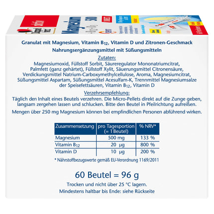 Doppelherz Magnijs 500 + B12 + D3 TIEŠI ar DEPOT funkciju - Magnijs veicina normālu muskuļu un nervu sistēmas darbību - 60 porcijas mikrogranulu ar citrona garšu