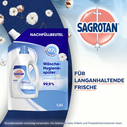 Sagrotan veļas higiēnas skalošanas līdzekļa Heavenly Fresh uzpildes – dezinfekcijas skalošanas līdzeklis higiēniski tīrai un svaigai veļai – 5 x 1,2 l tīrīšanas līdzekļi praktiskā izdevīgā iepakojumā