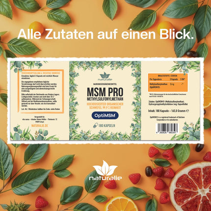 naturalie® MSM PRO - 1,6 g tīra metilsulfonilmetāna vienā dienas devā - 99,9% tīrība, pateicoties OptiMSM™ vairākkārtējai destilācijai - bez liekām piedevām - 180 kapsulas brūnā stikla iepakojumā bez BPA