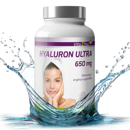 Vita2You hialuronskābe Ultra 650 mg - 90 vegānas kapsulas - augu izcelsmes, fermentētas - 500-700 kDa - augsta deva - 3 mēnešu krājumi - bez piedevām - hialuronskābe - augstākā kvalitāte