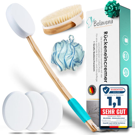 BELAVENA© muguras krēmveida līdzeklis | Uzlabota koncepcija 2025. gadam — optimāla muguras kopšana ar muguras krēmeri/muguras birsti, ieskaitot 4 nomaināmus spilventiņus — muguras krēmeris/muguras krēma līdzeklis