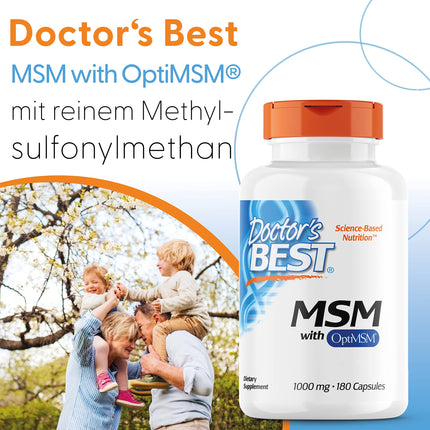Doctor's Best, MSM ar OptiMSM, 180 kapsulas, 3000 mg MSM vienā devā, bez glutēna, bez ĢMO, bez garšas