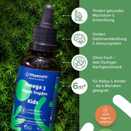VitaminFit Kids Omega-3 pilieni uztura bagātinātājs bērniem - šķidrums - DHA - EPA - ALA - bez zivīm - 100% augu izcelsmes - vegāns - 50 ml