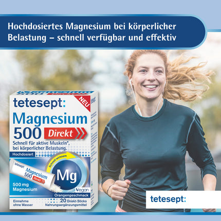 tetesept Magnesium 500 Direct – 1 x 20 Direct Sticks – Uztura bagātinātājs ar magnija pulveri lietošanai bez ūdens – Ātri aktīviem muskuļiem