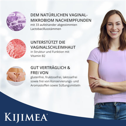 Kijimea FloraCare – veidots pēc dabiskā maksts mikrobioma parauga | 33 īpaši saskaņotas pienskābes baktērijas maksts vajadzībām augstā devā + vitamīni B2, B3, B7 un cinks - 28 gab.