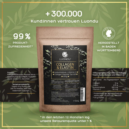 Luondu® kolagēna pulveris ar elastīnu, hialuronskābi un C vitamīnu - bioaktīvi kolagēna hidrolizāta peptīdi I, II un III tipi - optimāla šķīdība un biopieejamība - neitrāls - 500 g