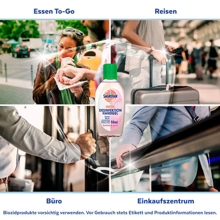 Sagrotan roku dezinfekcijas gels ar kumelītēm un lotosu. Dezinfekcijas līdzeklis rokām ērtā ceļojumu iepakojumā – 1 x 50 ml antibakteriāls gels.