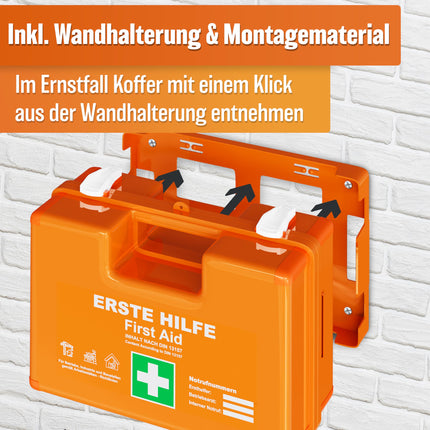 HELDENWERK Erste Hilfe Kasten nach neuer DIN 13157:2021 inkl. Wandhalterung & Aufklebern|Universal Erste Hilfe Koffer für Betrieb, Haushalt oder Gastronomie - Büro Verbandskasten gefüllt, Sanikasten