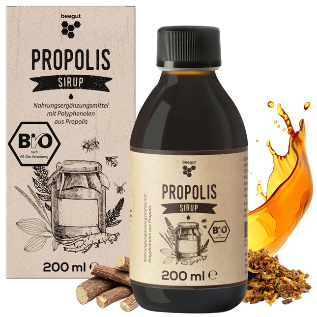 beegut BIOLOĢISKAIS propolisa sīrups ar propolisu, medu, ceļmallapu, deviņvīru spēku un lakricas sakni, 200 ml sīrupa, piemērots arī bērniem, sertificēts BIOLOĢISKAIS