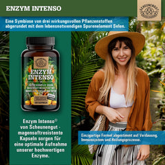 ENZYM INTENSO® bromelaīna kapsulas — SVARĪGI: Laboratorijā pārbaudīta formula ar bromelaīnu (5000 FIP), papaīnu, rutīnu | ananāsu un papaijas enzīms - 120 kuņģa sulu izturīgas kapsulas - SCHEUNENGUT®