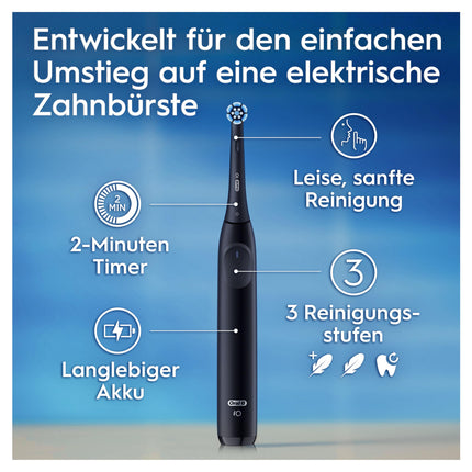 Oral-B iO Series 2 elektriskā zobu birste, 1 birstes galviņa, 3 tīrīšanas režīmi, magnētiskā tehnoloģija, ceļojumu maciņš, Braun dizains, naktsmelna