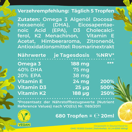 Omega-3 aļģu eļļa PLUS - 40% DHA un 20% EPA ar D3 + K2 + E vitamīnu - citrona un rozmarīna ekstrakts - vegāns (20 ml = 4 mēnešu krājums)