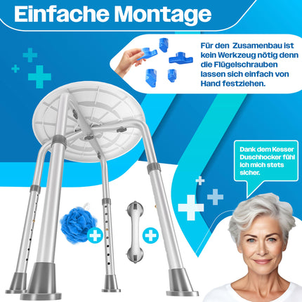 KESSER® Duschhocker höhenverstellbar 8 Stufen | Leichter Badhocker rutschfeste Gummifüße Duschstuhl 136KG belastbar | Duschhilfe Senioren | Saugnapf Haltegriff Badewannengriff | Duschsitz 360° drehbar