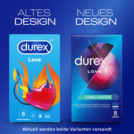 Durex Love prezervatīvi – ar anatomisku Easy-On formu vieglai uzvilkšanai un lubrikēti ar lielu daudzumu silikona lubrikanta – 8 gabalu iepakojums (1 x 8 gabali)