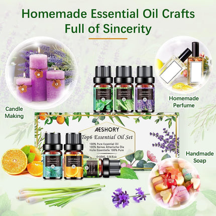 AESHORY ēterisko eļļu komplekts difuzoram 6 x 10 ml, 100% tīra aromterapijas smaržeļļa, aromātisko eļļu dāvanu komplekts ziepēm, svecēm, mitrinātājam, SPA - lavanda, piparmētra, tējas koks, saldais apelsīns, eikalipts