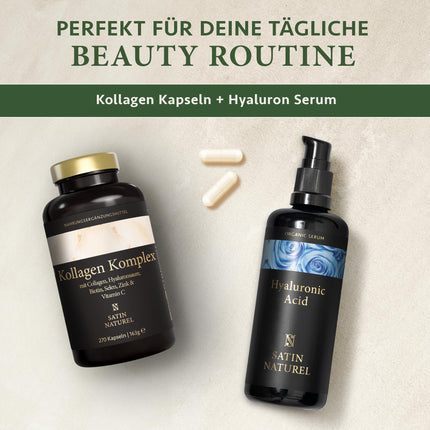 Satin Naturel hialurona kolagēna komplekss - 270 augstas devas kapsulas - bagātināts ar biotīnu, selēnu, cinku, C vitamīnu un bambusa ekstraktu ādai, matiem un nagiem - ražots Vācijā